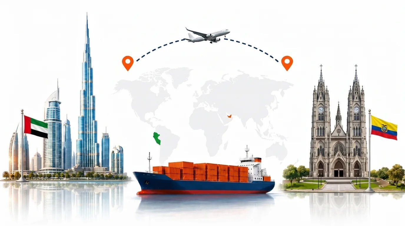 A wide pencil-style drawing of the Dubai to Ecuador shipping lane: on the left the Dubai skyline with the Burj Khalifa and the UAE flag, on the right the Andes above Quito and the Ecuadorian flag, joined by a dotted route across a pale world map with a container ship below and an aircraft above