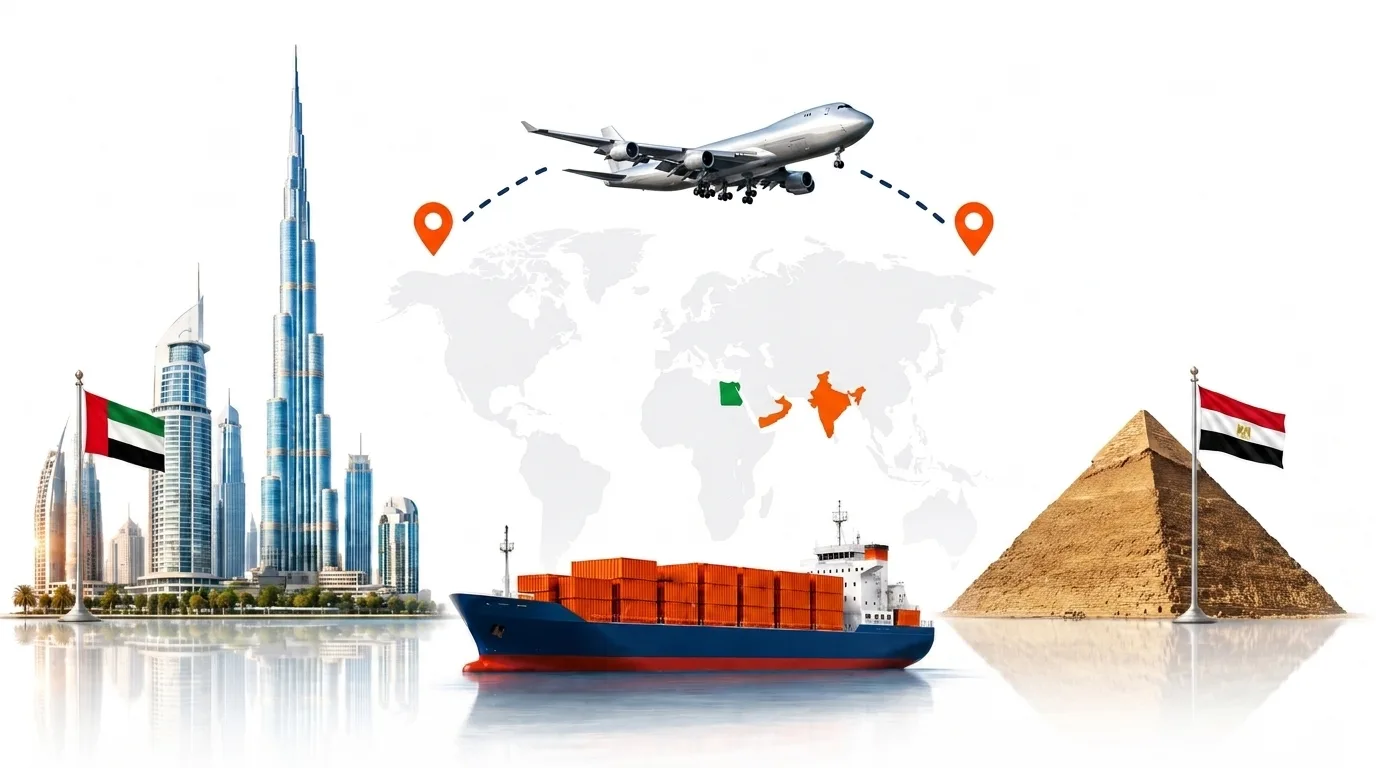 A wide pencil-style drawing of the Dubai to Egypt shipping lane: on the left a globe traced with dotted flight paths, an airliner, a container ship loaded with orange containers and the Dubai skyline behind the UAE flag; on the right the outline of Egypt with its national flag, a landmark, quayside cranes and a second vessel, the two joined by a dotted route across the frame