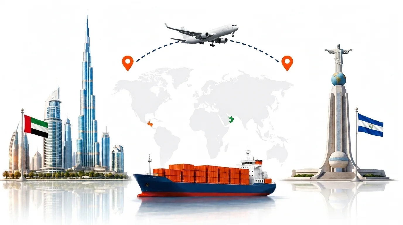A wide pencil-style drawing of the Dubai to El Salvador shipping lane: on the left the Dubai skyline with the Burj Khalifa and the UAE flag, on the right a Salvadoran volcano above San Salvador and the Salvadoran flag, joined by a dotted route across a pale world map with a container ship below and an aircraft above