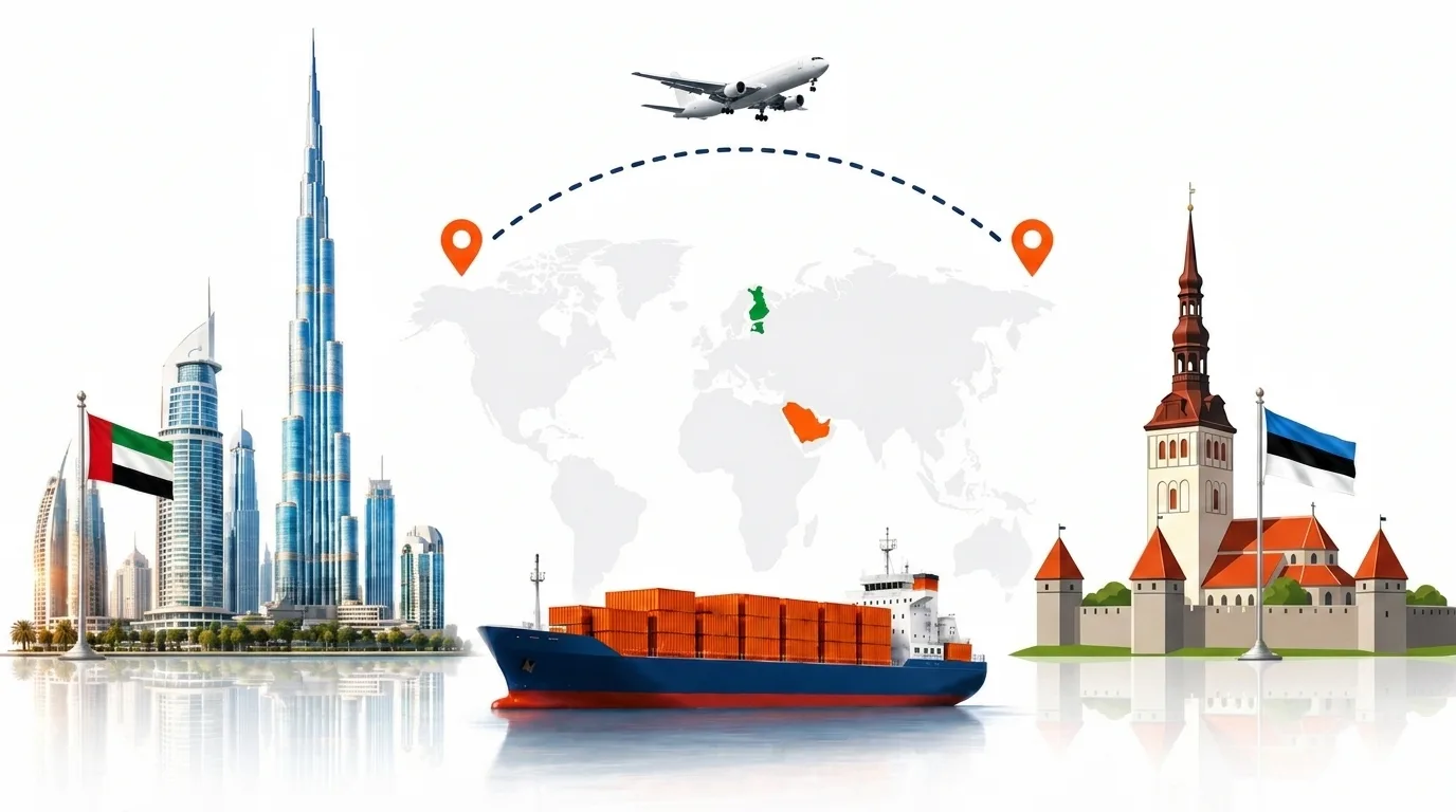 A wide pencil-style drawing of the Dubai to Estonia shipping lane: on the left the Dubai skyline with the Burj Khalifa and the UAE flag, on the right the medieval towers of Tallinn old town and the Estonian flag, joined by a dotted route across a pale world map with a container ship below and an aircraft above