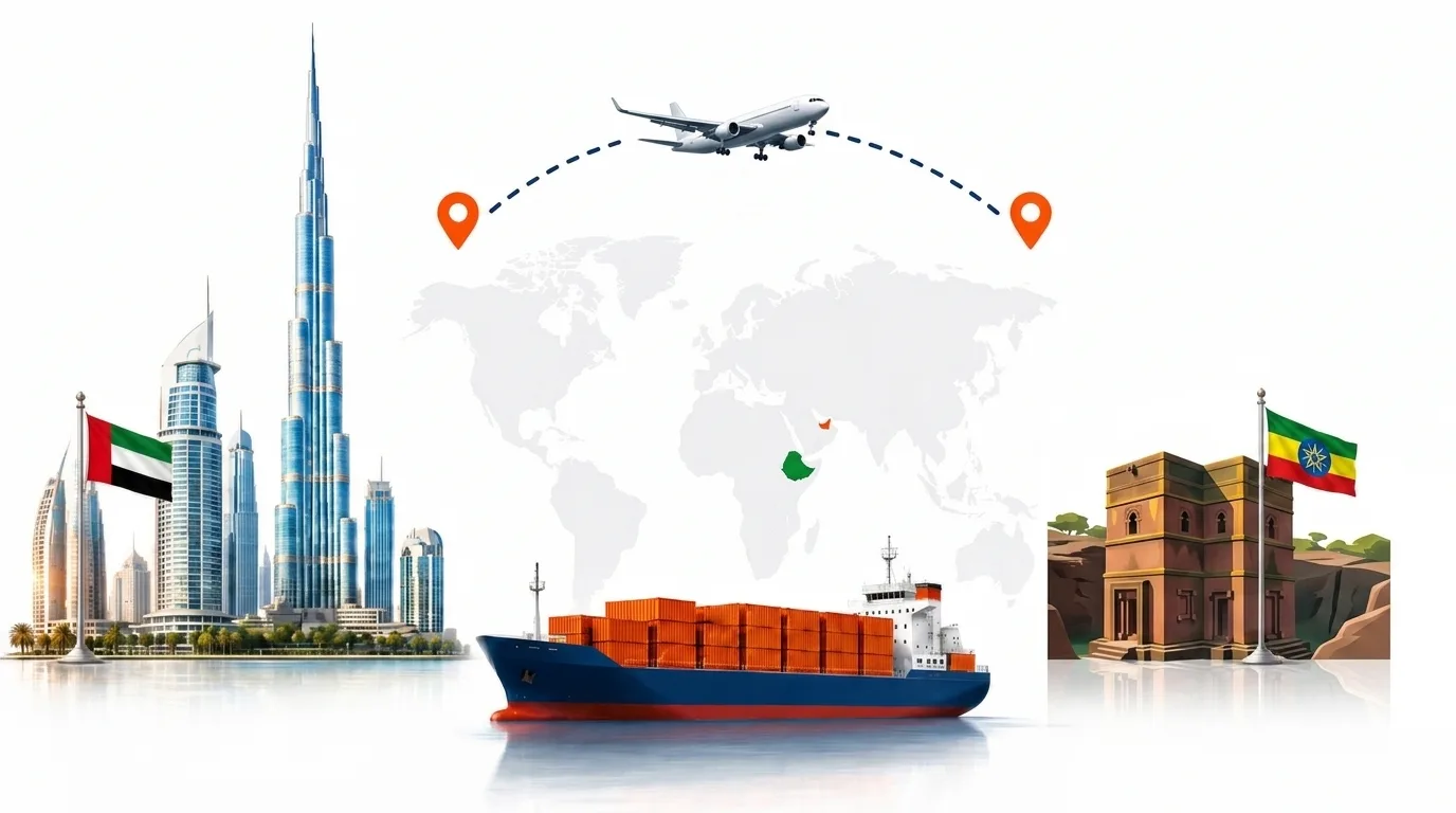 A wide pencil-style drawing of the Dubai to Ethiopia shipping lane: on the left the Dubai skyline with the Burj Khalifa and the UAE flag, on the right an Ethiopia landmark and the national flag, joined by a dotted route across a pale world map with a container ship below and an aircraft above