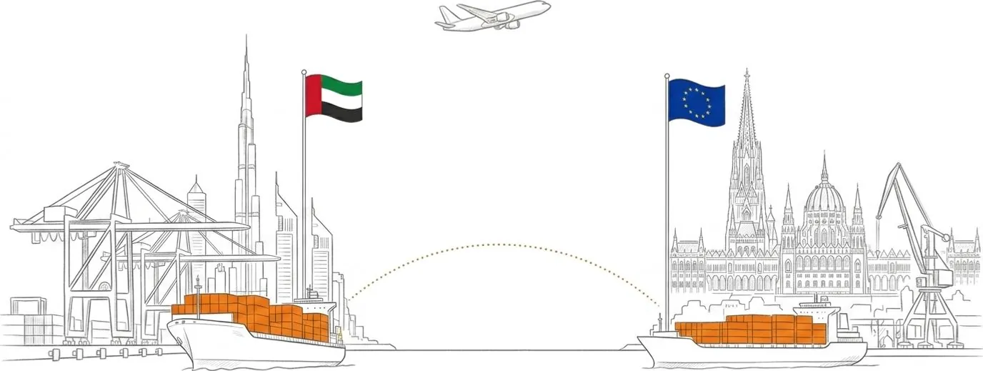 A line drawing of the Dubai to Europe shipping lane: gantry cranes and the Burj Khalifa above a container ship loaded with orange containers, joined by a dotted route across the frame to a European skyline of the Eiffel Tower, a Dutch windmill, the Brandenburg Gate and a gabled Hanseatic warehouse, with harbour cranes, a second loaded container ship and a cargo aircraft above