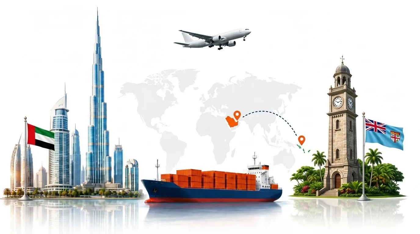 A wide pencil-style drawing of the Dubai to Fiji shipping lane: on the left the Dubai skyline with the Burj Khalifa and the UAE flag, on the right a Fijian island shoreline with palms and the Fiji flag, joined by a dotted route across a pale world map with a container ship below and an aircraft above