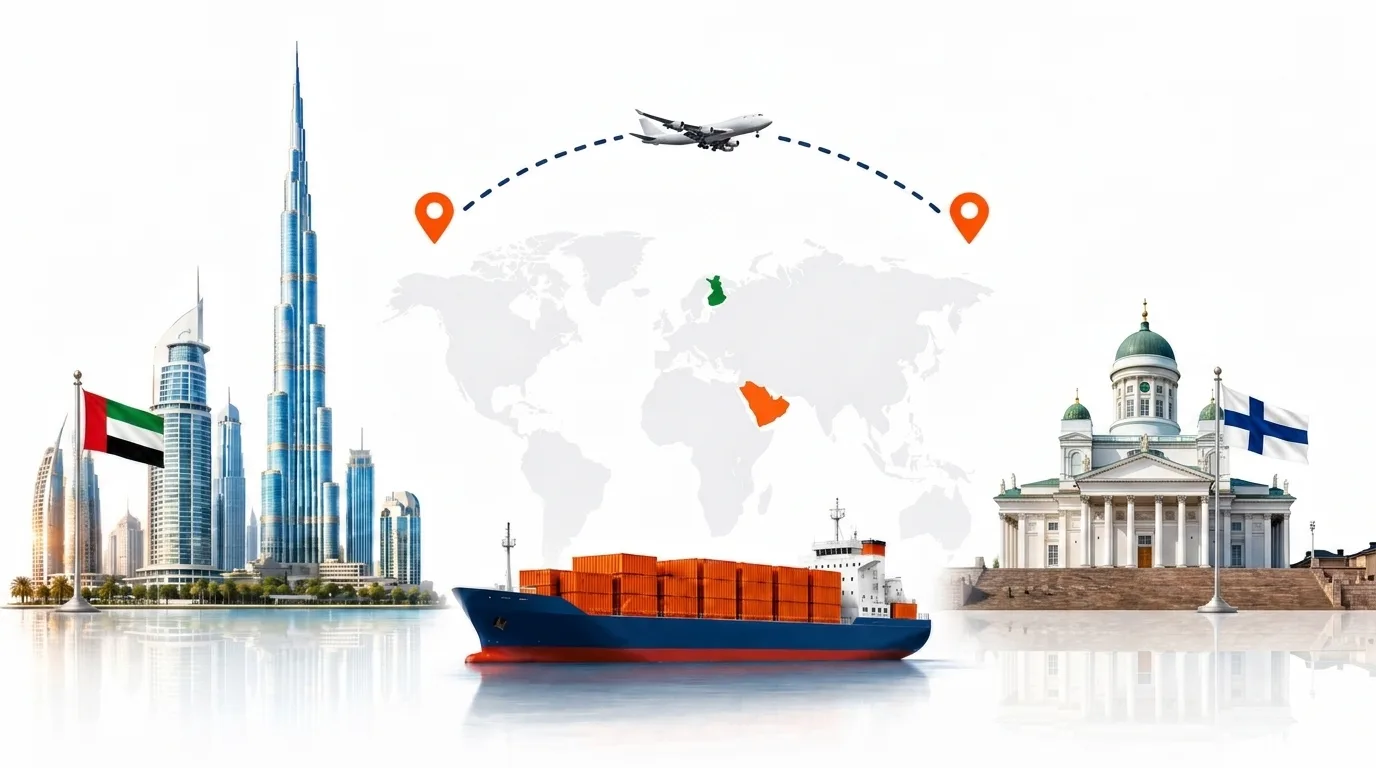 A wide pencil-style drawing of the Dubai to Finland shipping lane: on the left the Dubai skyline with the Burj Khalifa and the UAE flag, on the right Helsinki Cathedral above the harbour and the Finnish flag, joined by a dotted route across a pale world map with a container ship below and an aircraft above