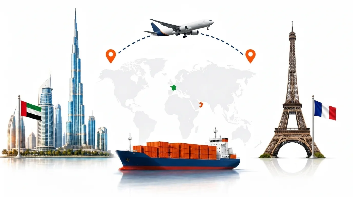 A wide pencil-style drawing of the Dubai to France shipping lane: on the left a globe traced with dotted flight paths, an airliner, a container ship loaded with orange containers and the Dubai skyline behind the UAE flag; on the right the outline of France with its national flag, a landmark, quayside cranes and a second vessel, the two joined by a dotted route across the frame