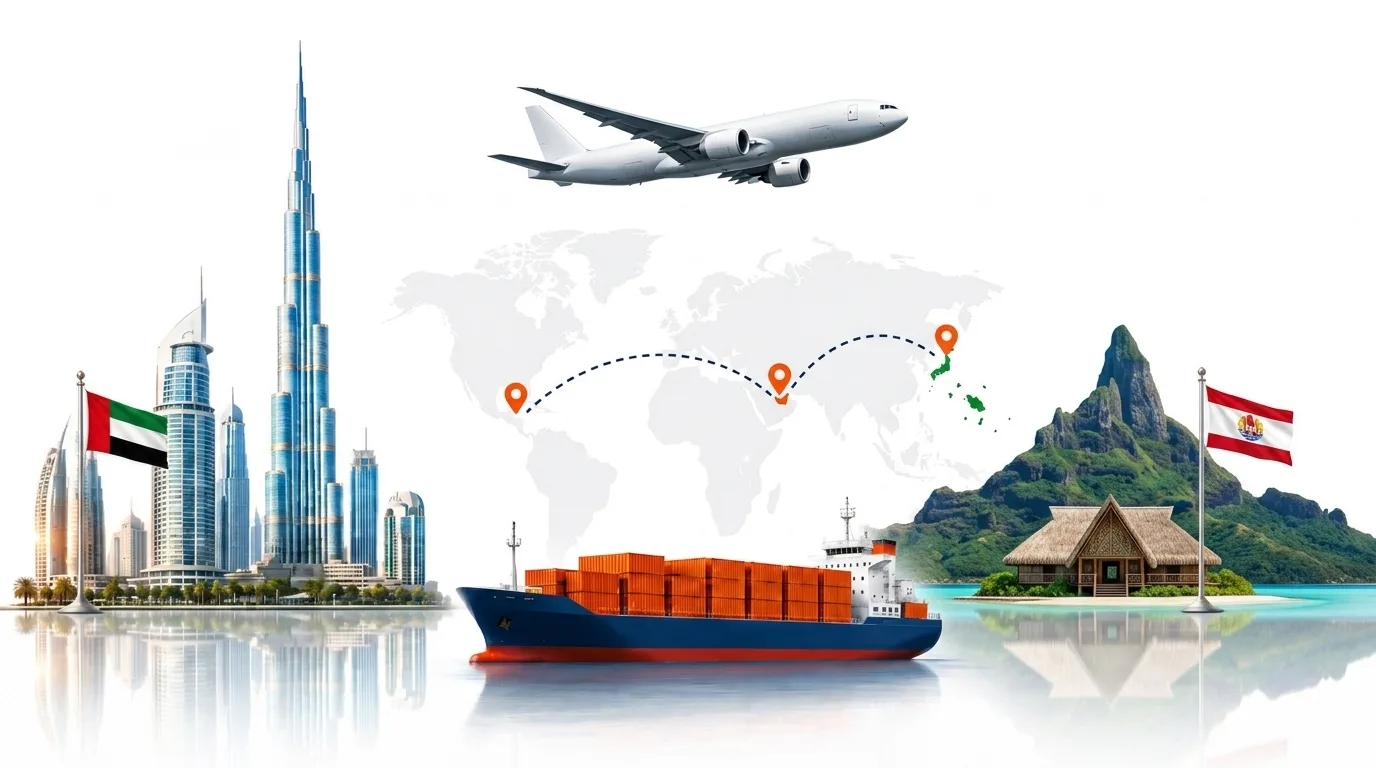A wide pencil-style drawing of the Dubai to French Polynesia shipping lane: on the left the Dubai skyline with the Burj Khalifa and the UAE flag, on the right the peaks of Tahiti above the Papeete waterfront with the flags flown in French Polynesia, joined by a dotted route across a pale world map with a container ship below and an aircraft above