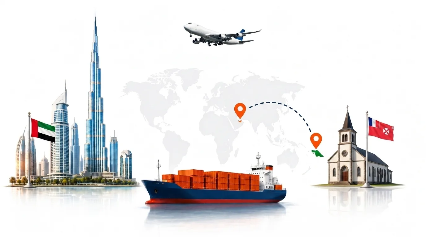 A wide pencil-style drawing of the Dubai to Futuna Island shipping lane: on the left the Dubai skyline with the Burj Khalifa and the UAE flag, on the right the steep green ridge of Futuna above the Leava quayside with the flags flown in Wallis and Futuna, joined by a dotted route across a pale world map with a container ship below and an aircraft above