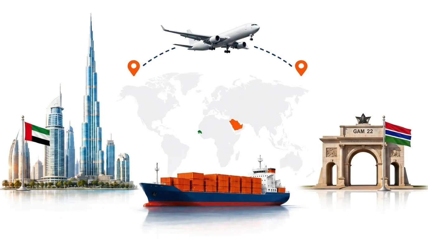 A wide pencil-style drawing of the Dubai to Gambia shipping lane: on the left the Dubai skyline with the Burj Khalifa and the UAE flag, on the right a Gambia landmark and the national flag, joined by a dotted route across a pale world map with a container ship below and an aircraft above