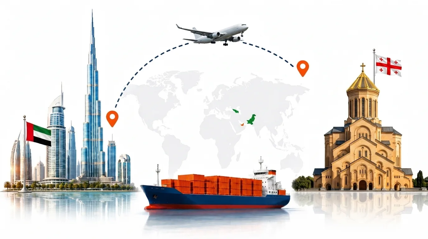 A wide pencil-style drawing of the Dubai to Georgia shipping lane: on the left the Dubai skyline with the Burj Khalifa and the UAE flag, on the right the Tbilisi old town with the Caucasus mountains behind and the Georgian flag, joined by a dotted route across a pale world map with a container ship below and an aircraft above