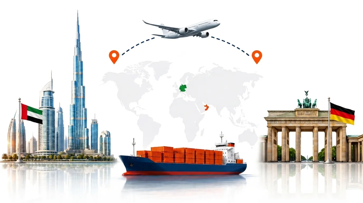 A wide pencil-style drawing of the Dubai to Germany shipping lane: on the left a globe traced with dotted flight paths, an airliner, a container ship loaded with orange containers and the Dubai skyline behind the UAE flag; on the right the outline of Germany with its national flag, a landmark, quayside cranes and a second vessel, the two joined by a dotted route across the frame