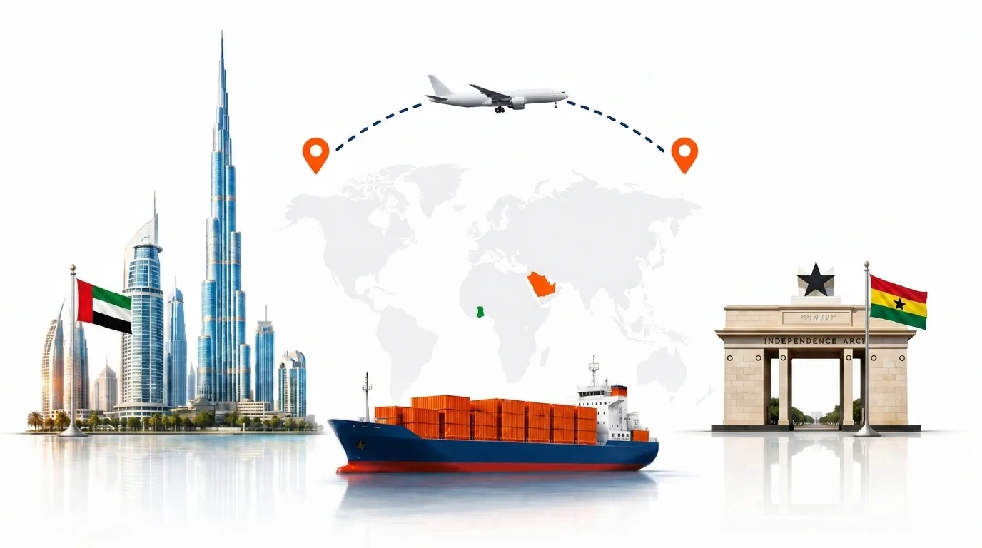 A wide pencil-style drawing of the Dubai to Ghana shipping lane: on the left the Dubai skyline with the Burj Khalifa and the UAE flag, on the right a Ghana landmark and the national flag, joined by a dotted route across a pale world map with a container ship below and an aircraft above