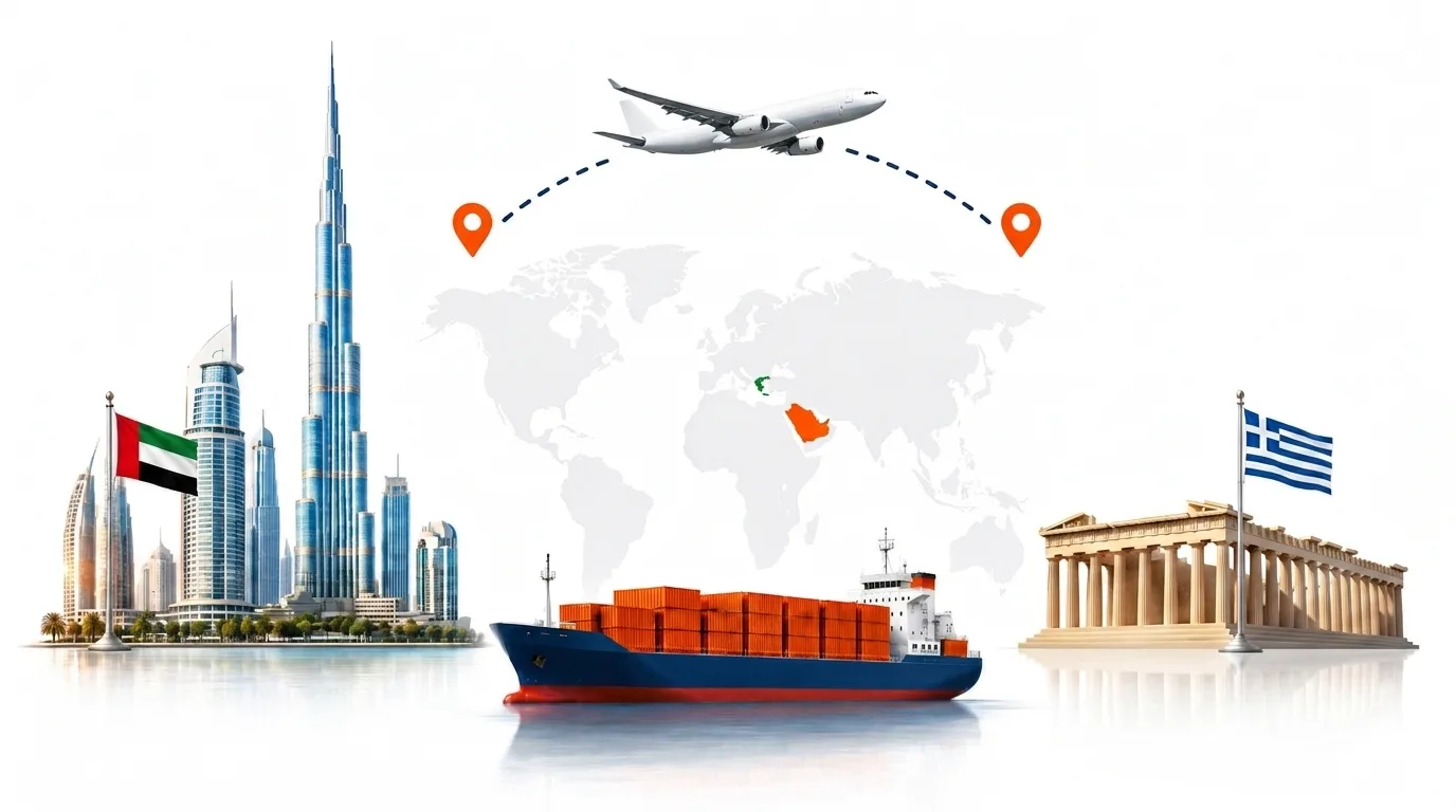 A wide pencil-style drawing of the Dubai to Greece shipping lane: on the left the Dubai skyline with the Burj Khalifa and the UAE flag, on the right the Parthenon above Athens and the Greek flag, joined by a dotted route across a pale world map with a container ship below and an aircraft above
