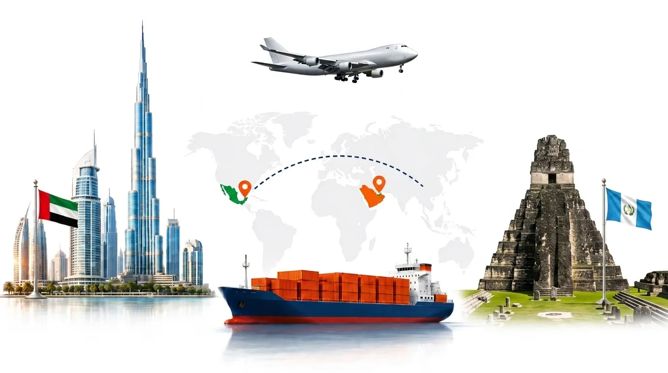 A wide pencil-style drawing of the Dubai to Guatemala shipping lane: on the left the Dubai skyline with the Burj Khalifa and the UAE flag, on the right the volcanoes above Antigua Guatemala and the Guatemalan flag, joined by a dotted route across a pale world map with a container ship below and an aircraft above