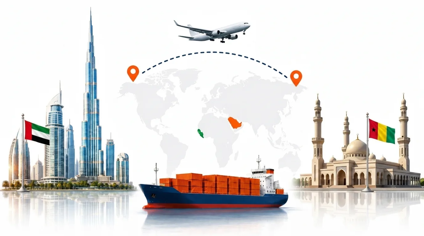 A wide pencil-style drawing of the Dubai to Guinea shipping lane: on the left the Dubai skyline with the Burj Khalifa and the UAE flag, on the right a Guinea landmark and the national flag, joined by a dotted route across a pale world map with a container ship below and an aircraft above