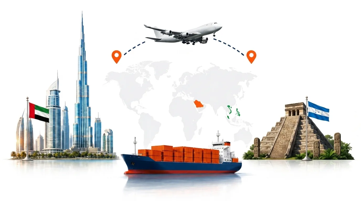 A wide pencil-style drawing of the Dubai to Honduras shipping lane: on the left the Dubai skyline with the Burj Khalifa and the UAE flag, on the right the Mayan ruins at Copan and the Honduran flag, joined by a dotted route across a pale world map with a container ship below and an aircraft above
