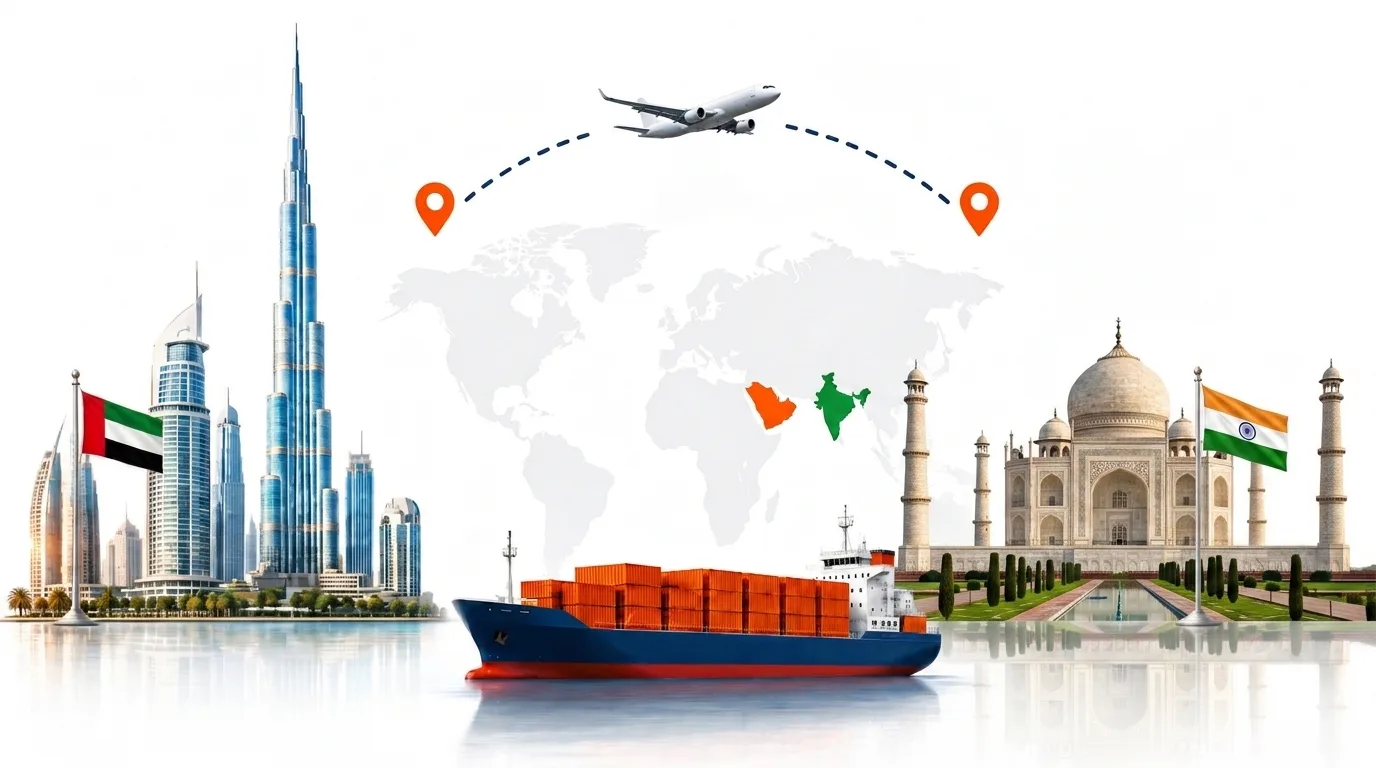 A wide pencil-style drawing of the Dubai to India shipping lane: on the left a globe traced with dotted flight paths, an airliner, a container ship loaded with orange containers and the Dubai skyline behind the UAE flag; on the right the outline of India with its national flag, a landmark, quayside cranes and a second vessel, the two joined by a dotted route across the frame