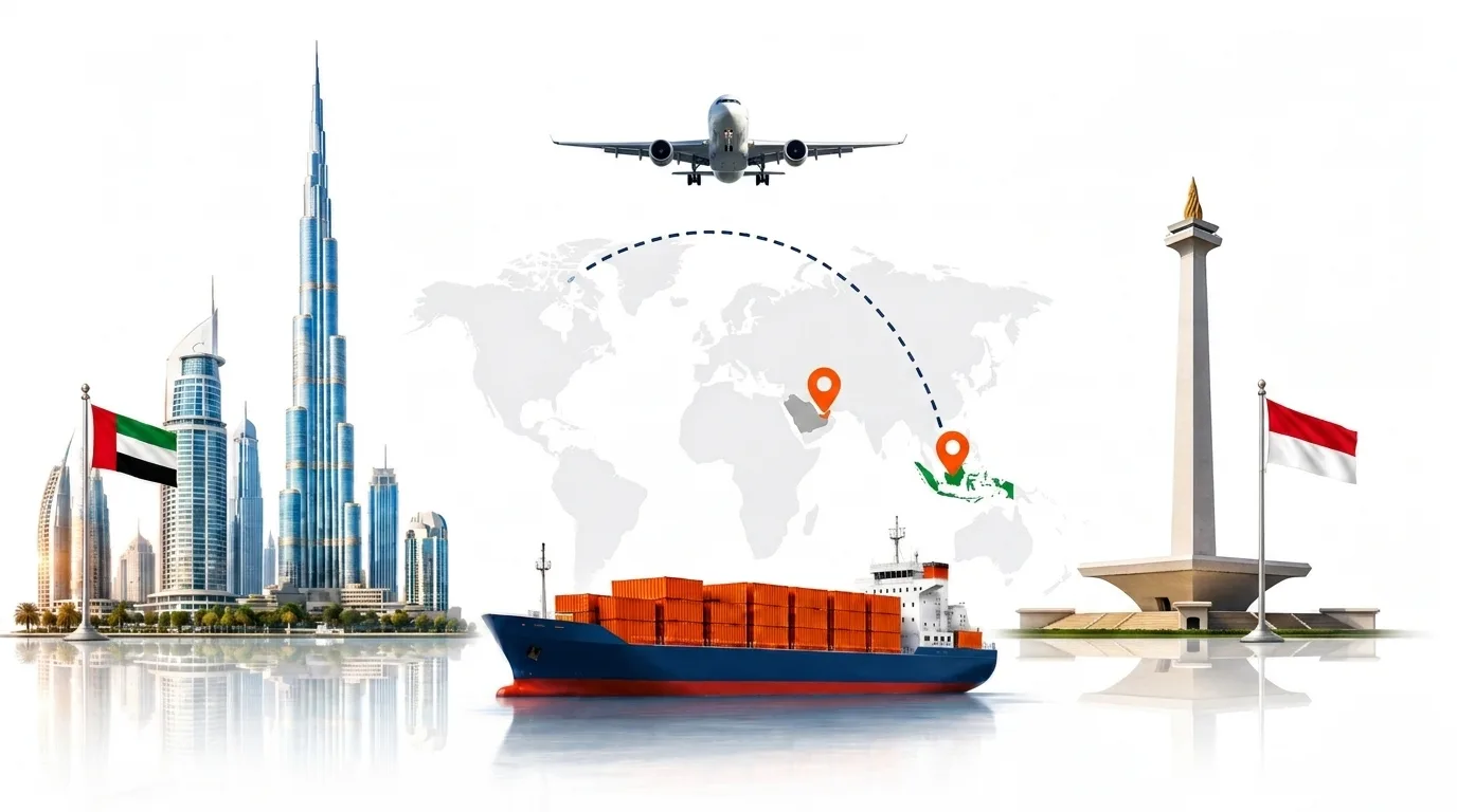 A wide pencil-style drawing of the Dubai to Indonesia shipping lane: on the left the Dubai skyline with the Burj Khalifa and the UAE flag, on the right the Jakarta skyline with the National Monument and the Indonesian flag, joined by a dotted route across a pale world map with a container ship below and an aircraft above