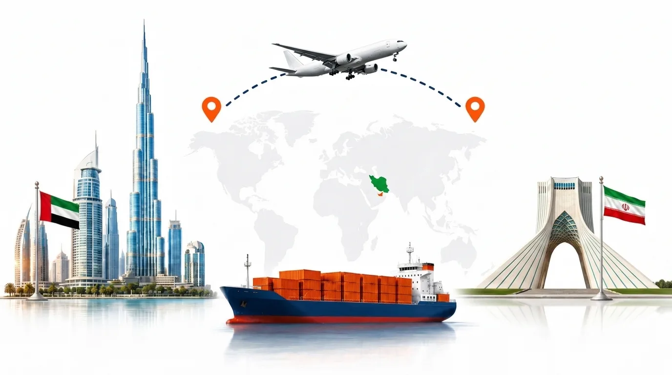 A wide pencil-style drawing of the Dubai to Iran shipping lane: on the left a globe traced with dotted flight paths, an airliner, a container ship loaded with orange containers and the Dubai skyline behind the UAE flag; on the right the outline of Iran with its national flag, a landmark, quayside cranes and a second vessel, the two joined by a dotted route across the frame