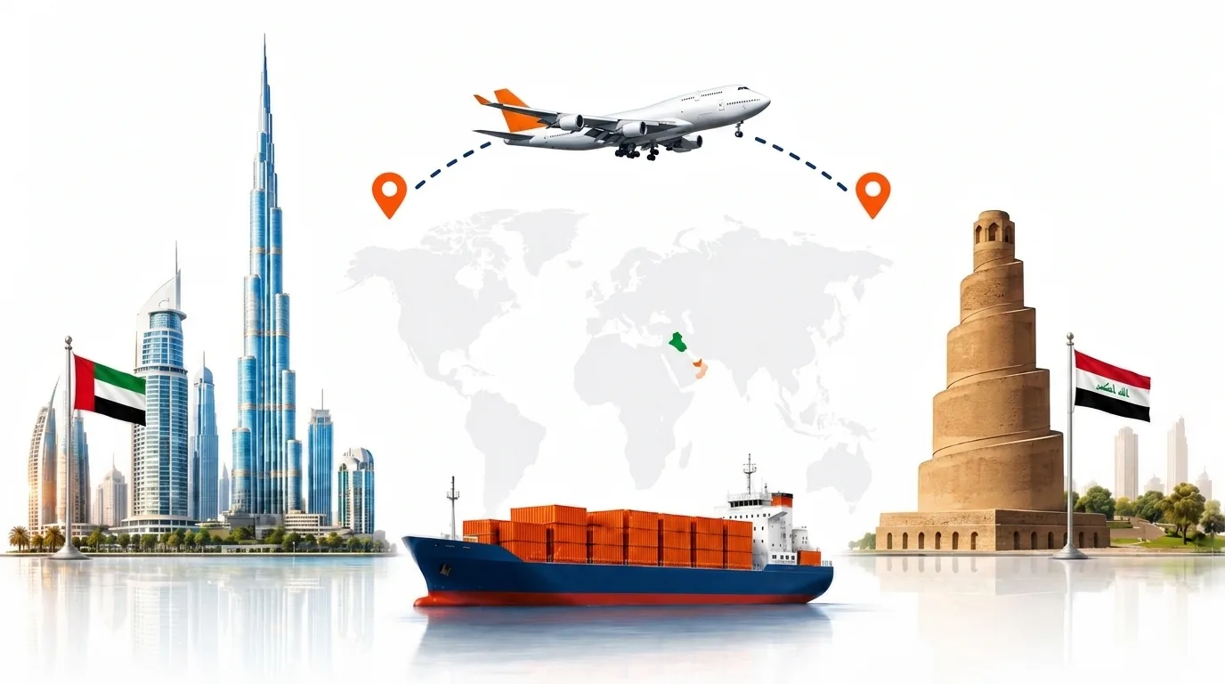 A wide pencil-style drawing of the Dubai to Iraq shipping lane: on the left a globe traced with dotted flight paths, an airliner, a container ship loaded with orange containers and the Dubai skyline behind the UAE flag; on the right the outline of Iraq with its national flag, a landmark, quayside cranes and a second vessel, the two joined by a dotted route across the frame