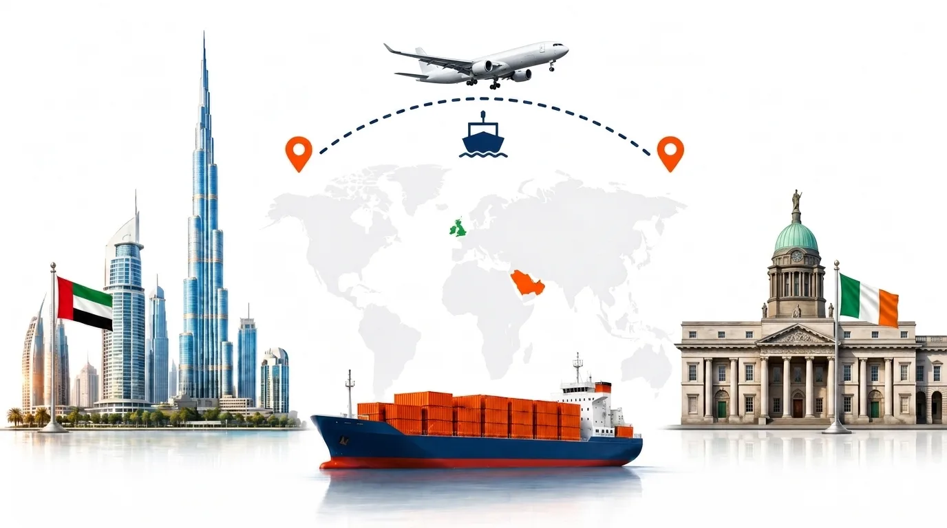 A wide pencil-style drawing of the Dubai to Ireland shipping lane: on the left the Dubai skyline with the Burj Khalifa and the UAE flag, on the right the Samuel Beckett Bridge in Dublin and the Irish flag, joined by a dotted route across a pale world map with a container ship below and an aircraft above