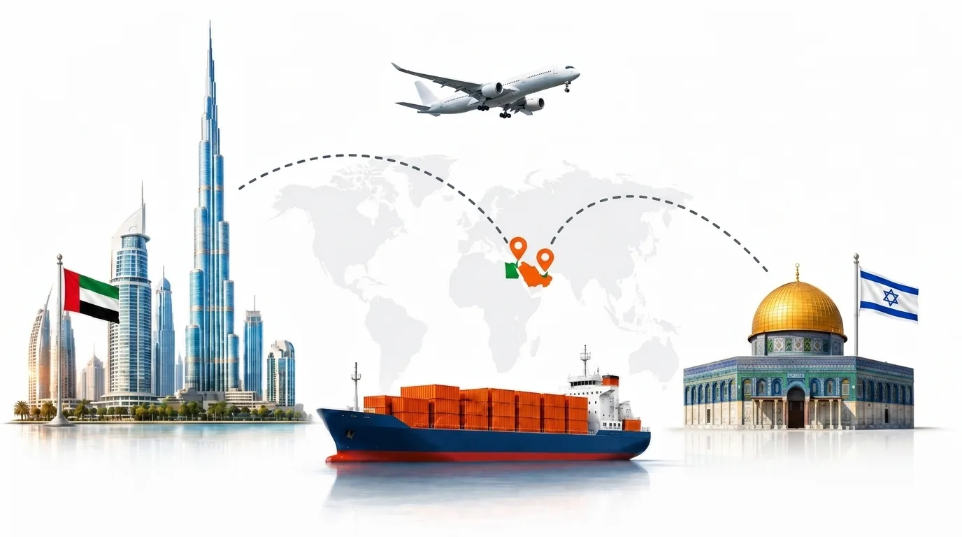 A wide pencil-style drawing of the Dubai to Israel shipping lane: on the left the Dubai skyline with the Burj Khalifa and the UAE flag, on the right the Tel Aviv waterfront and the Israeli flag, joined by a dotted route across a pale world map with a container ship below and an aircraft above