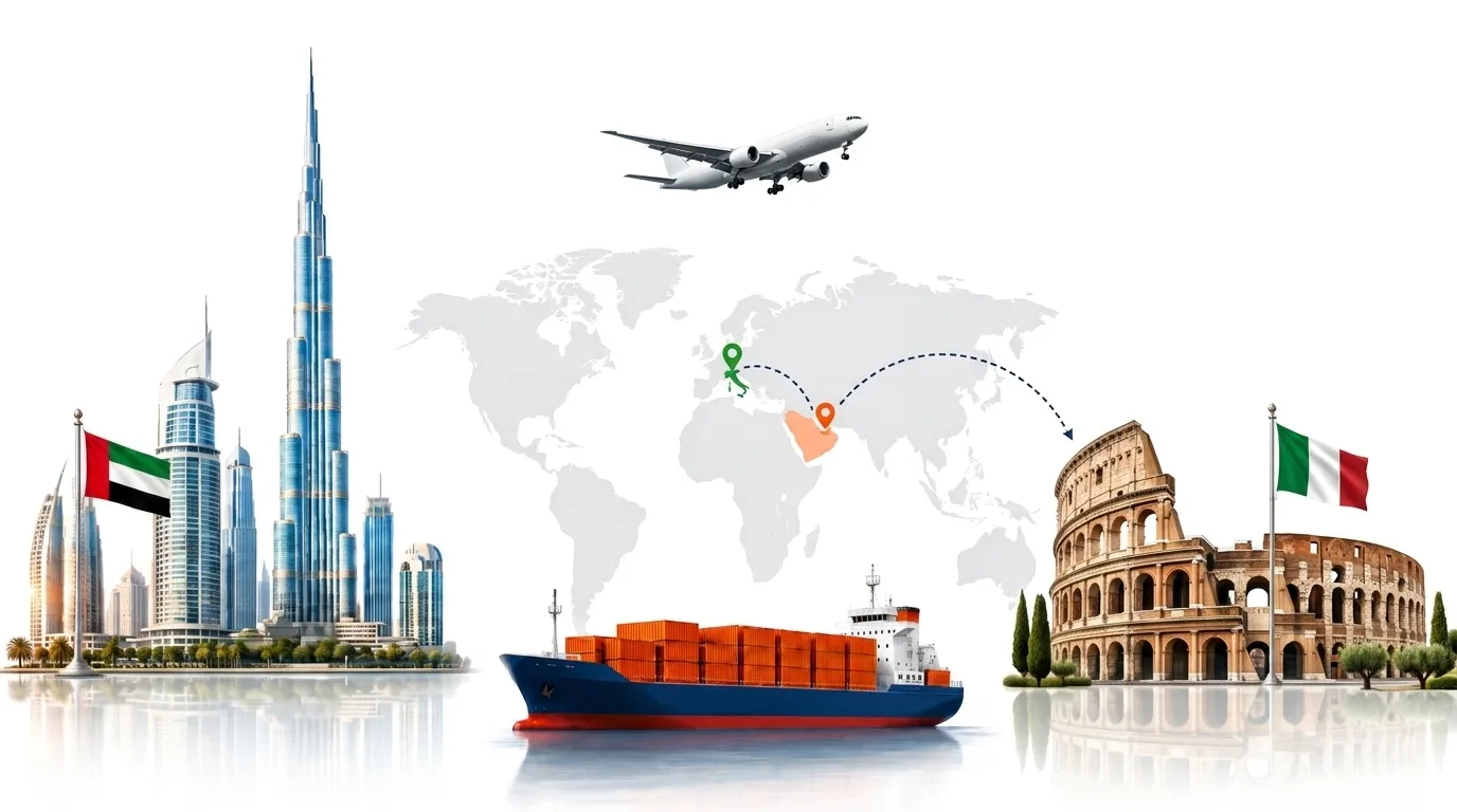 A wide pencil-style drawing of the Dubai to Italy shipping lane: on the left the Dubai skyline with the Burj Khalifa and the UAE flag, on the right the Colosseum and the Italian flag, joined by a dotted route across a pale world map with a container ship below and an aircraft above