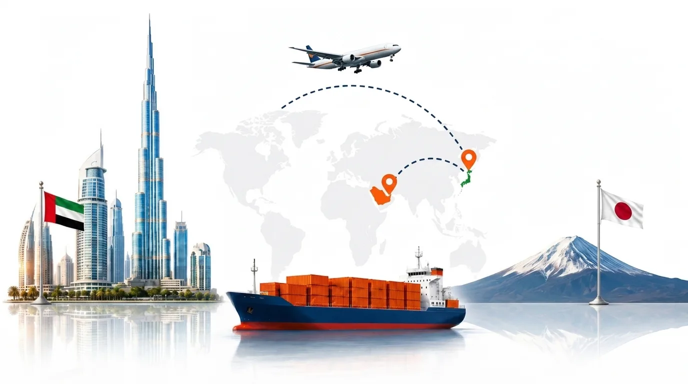 A wide pencil-style drawing of the Dubai to Japan shipping lane: on the left the Dubai skyline with the Burj Khalifa and the UAE flag, on the right Mount Fuji and the Tokyo skyline with the Japanese flag, joined by a dotted route across a pale world map with a container ship below and an aircraft above