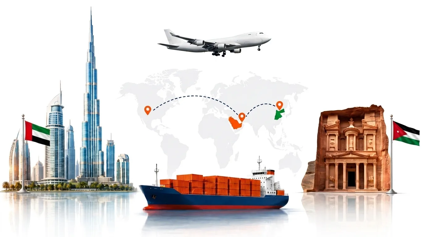 A wide pencil-style drawing of the Dubai to Jordan shipping lane: on the left a globe traced with dotted flight paths, an airliner, a container ship loaded with orange containers and the Dubai skyline behind the UAE flag; on the right the outline of Jordan with its national flag, a landmark, quayside cranes and a second vessel, the two joined by a dotted route across the frame