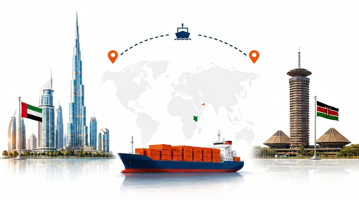 A wide pencil-style drawing of the Dubai to Kenya shipping lane: on the left a globe traced with dotted flight paths, an airliner, a container ship loaded with orange containers and the Dubai skyline behind the UAE flag; on the right the outline of Kenya with its national flag, a landmark, quayside cranes and a second vessel, the two joined by a dotted route across the frame
