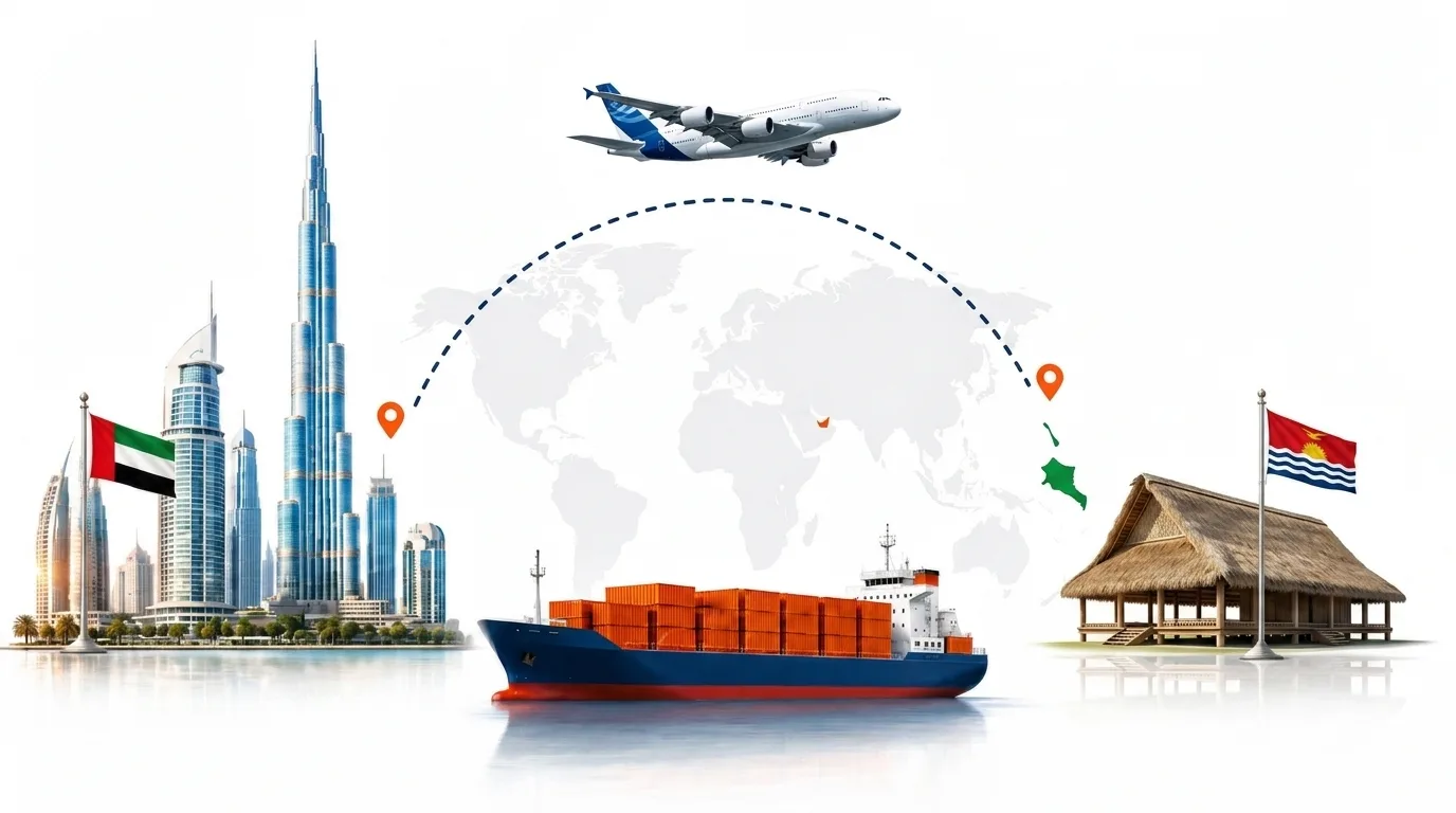 A wide pencil-style drawing of the Dubai to Kiribati shipping lane: on the left the Dubai skyline with the Burj Khalifa and the UAE flag, on the right the narrow coral atoll and lagoon of Tarawa with the Kiribati flag, joined by a dotted route across a pale world map with a container ship below and an aircraft above