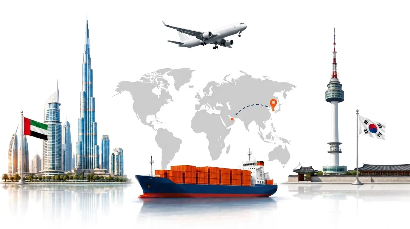 A wide pencil-style drawing of the Dubai to South Korea shipping lane: on the left the Dubai skyline with the Burj Khalifa and the UAE flag, on the right the Seoul skyline with the N Seoul Tower and the South Korean flag, joined by a dotted route across a pale world map with a container ship below and an aircraft above