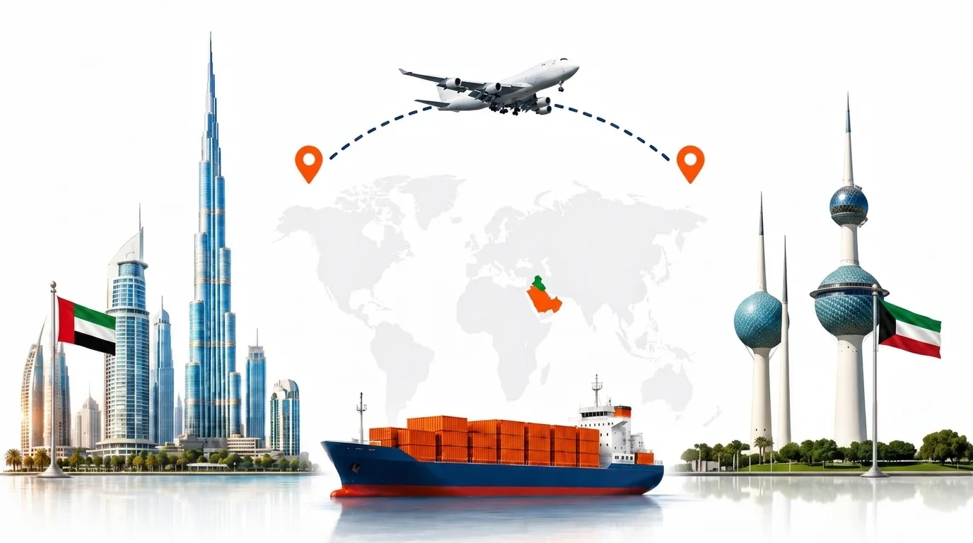 A wide pencil-style drawing of the Dubai to Kuwait shipping lane: on the left a globe traced with dotted flight paths, an airliner, a container ship loaded with orange containers and the Dubai skyline behind the UAE flag; on the right the outline of Kuwait with its national flag, a landmark, quayside cranes and a second vessel, the two joined by a dotted route across the frame