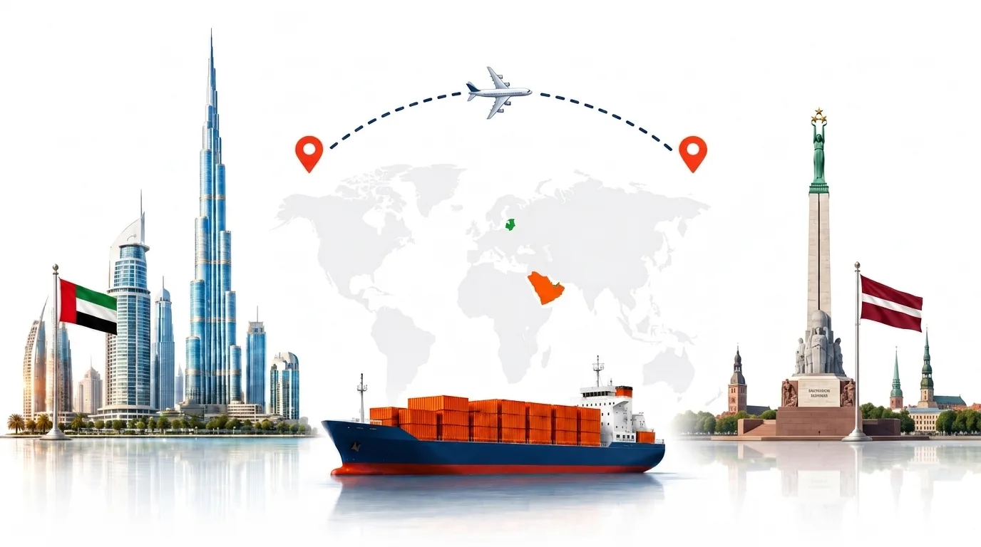 A wide pencil-style drawing of the Dubai to Latvia shipping lane: on the left the Dubai skyline with the Burj Khalifa and the UAE flag, on the right the spires of Riga old town along the Daugava and the Latvian flag, joined by a dotted route across a pale world map with a container ship below and an aircraft above