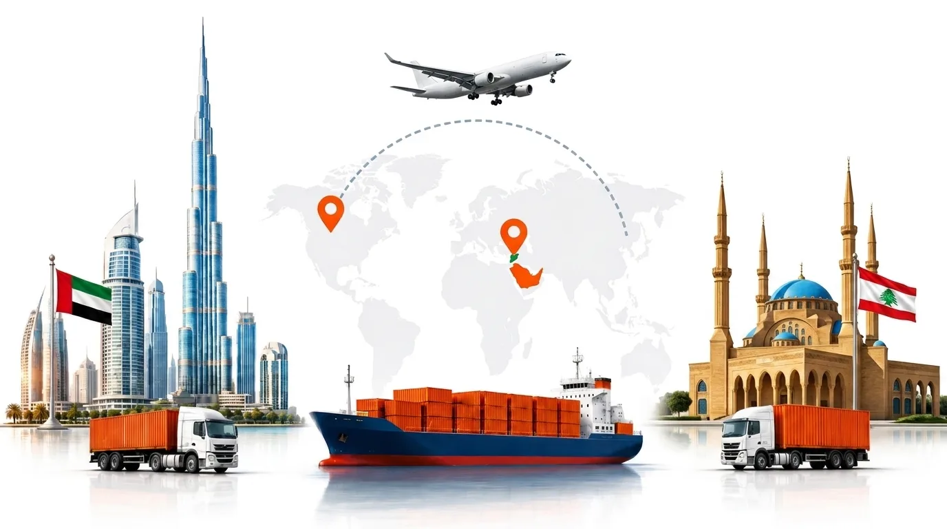 A wide pencil-style drawing of the Dubai to Lebanon shipping lane: on the left the Dubai skyline with the Burj Khalifa and the UAE flag, on the right the Beirut waterfront with the mountains behind and the Lebanese flag, joined by a dotted route across a pale world map with a container ship below and an aircraft above
