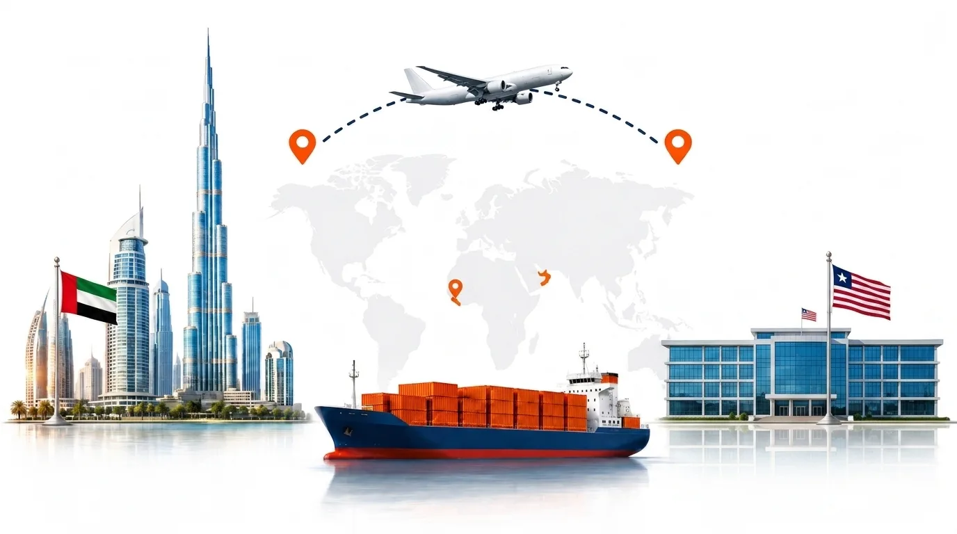 A wide pencil-style drawing of the Dubai to Liberia shipping lane: on the left the Dubai skyline with the Burj Khalifa and the UAE flag, on the right a Liberia landmark and the national flag, joined by a dotted route across a pale world map with a container ship below and an aircraft above