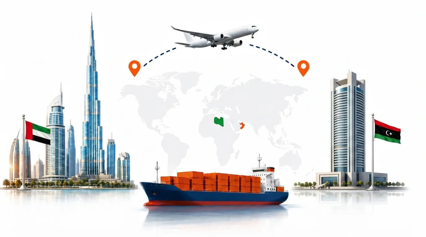 A wide pencil-style drawing of the Dubai to Libya shipping lane: on the left a globe traced with dotted flight paths, an airliner, a container ship loaded with orange containers and the Dubai skyline behind the UAE flag; on the right the outline of Libya with its national flag, a landmark, quayside cranes and a second vessel, the two joined by a dotted route across the frame