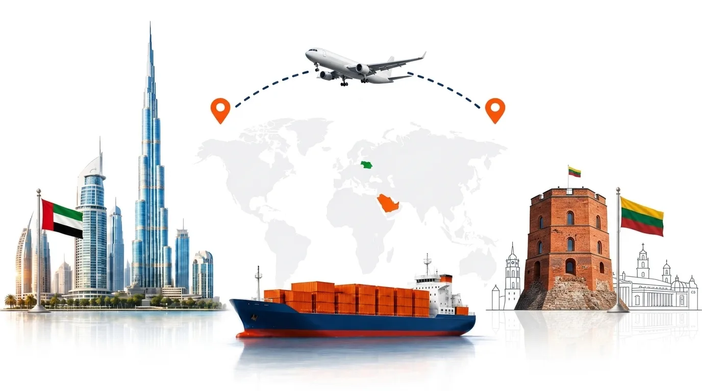 A wide pencil-style drawing of the Dubai to Lithuania shipping lane: on the left the Dubai skyline with the Burj Khalifa and the UAE flag, on the right Gediminas Tower above Vilnius and the Lithuanian flag, joined by a dotted route across a pale world map with a container ship below and an aircraft above