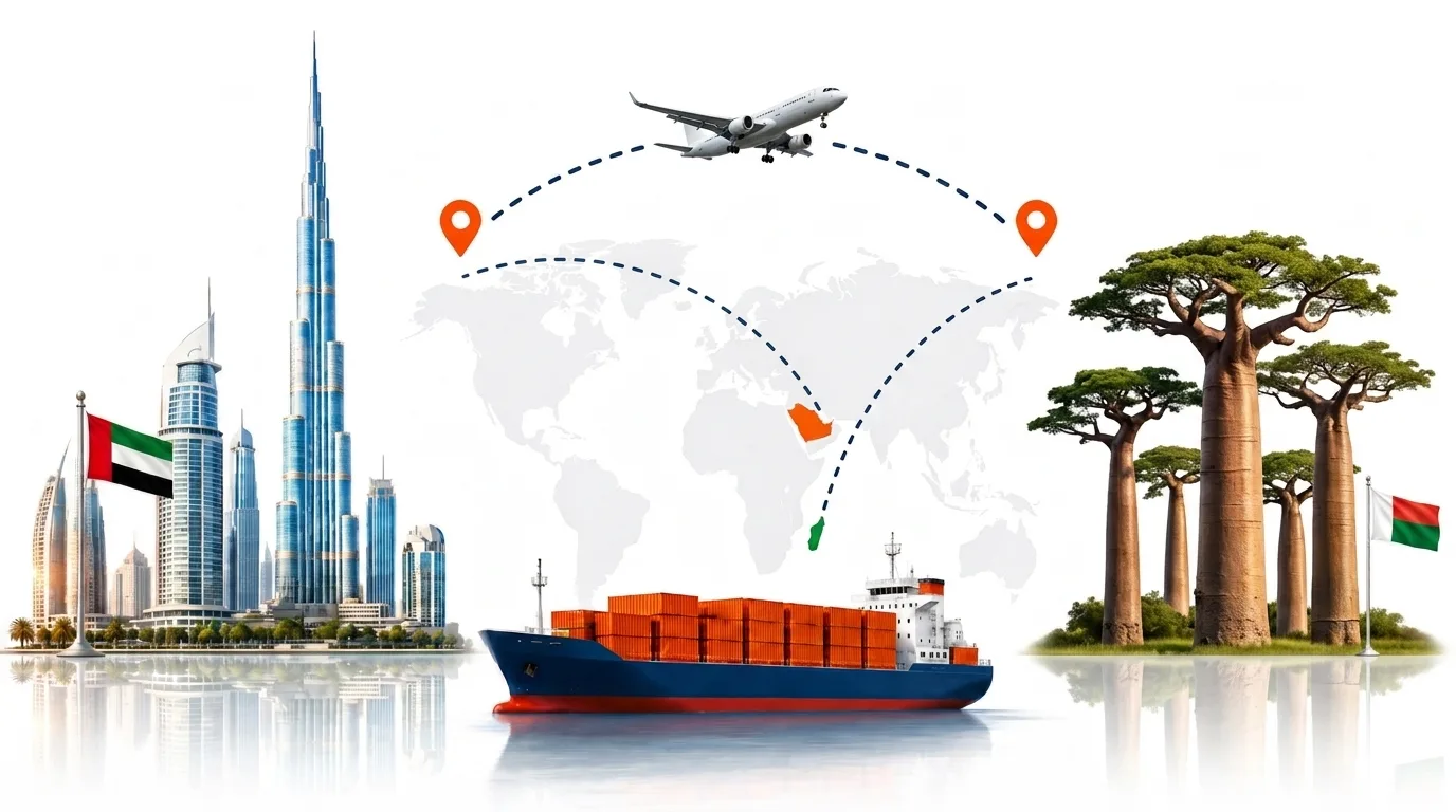 A wide pencil-style drawing of the Dubai to Madagascar shipping lane: on the left the Dubai skyline with the Burj Khalifa and the UAE flag, on the right a Madagascar landmark and the national flag, joined by a dotted route across a pale world map with a container ship below and an aircraft above