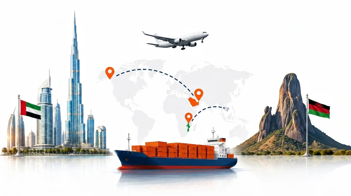 A wide pencil-style drawing of the Dubai to Malawi shipping lane: on the left the Dubai skyline with the Burj Khalifa and the UAE flag, on the right a Malawi landmark and the national flag, joined by a dotted route across a pale world map with a container ship below and an aircraft above