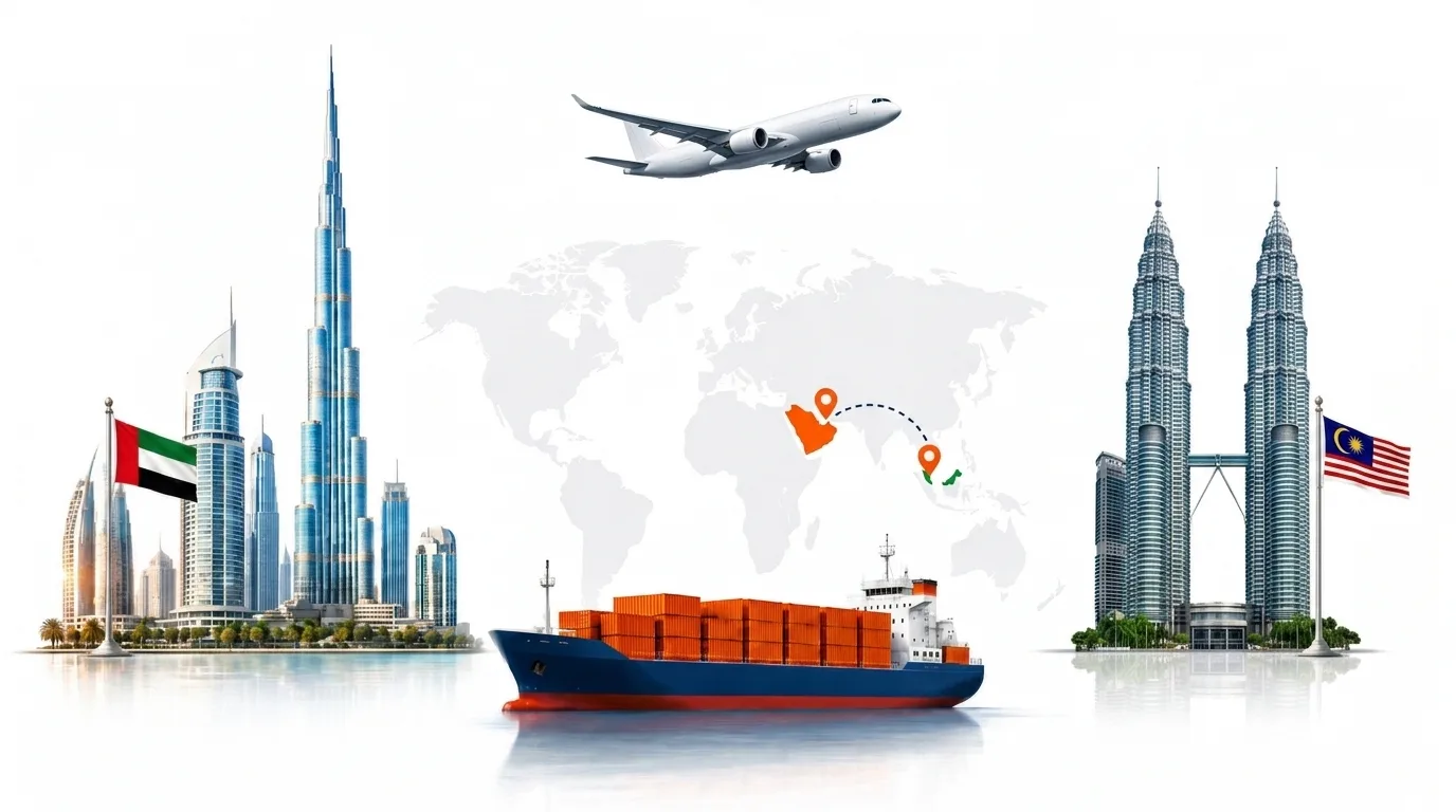 A wide pencil-style drawing of the Dubai to Malaysia shipping lane: on the left the Dubai skyline with the Burj Khalifa and the UAE flag, on the right the Petronas Towers in Kuala Lumpur and the Malaysian flag, joined by a dotted route across a pale world map with a container ship below and an aircraft above