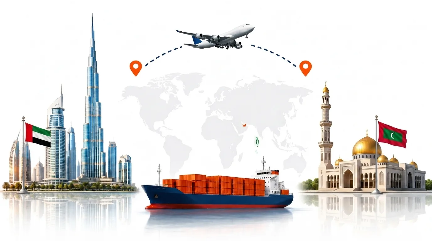 A wide pencil-style drawing of the Dubai to Maldives shipping lane: on the left the Dubai skyline with the Burj Khalifa and the UAE flag, on the right a Maldivian atoll with overwater villas and the Maldives flag, joined by a dotted route across a pale world map with a container ship below and an aircraft above