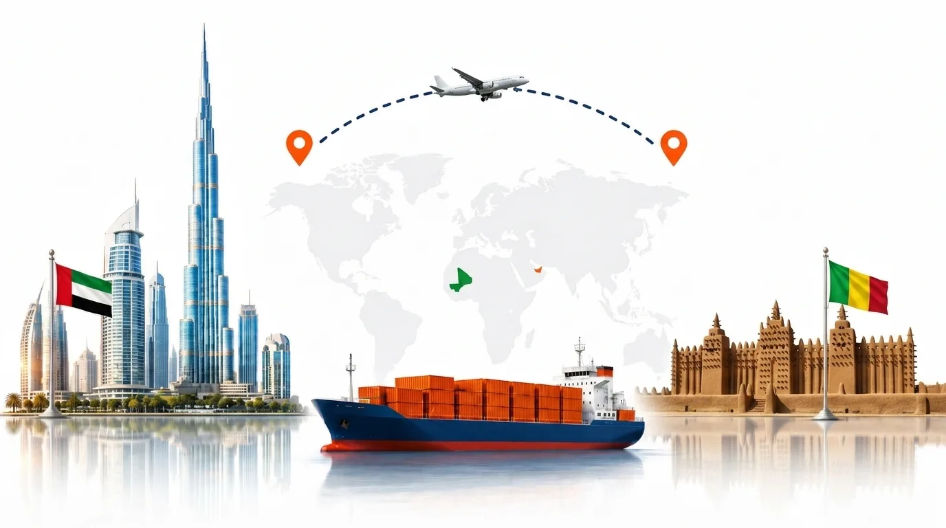 A wide pencil-style drawing of the Dubai to Mali shipping lane: on the left the Dubai skyline with the Burj Khalifa and the UAE flag, on the right a Mali landmark and the national flag, joined by a dotted route across a pale world map with a container ship below and an aircraft above