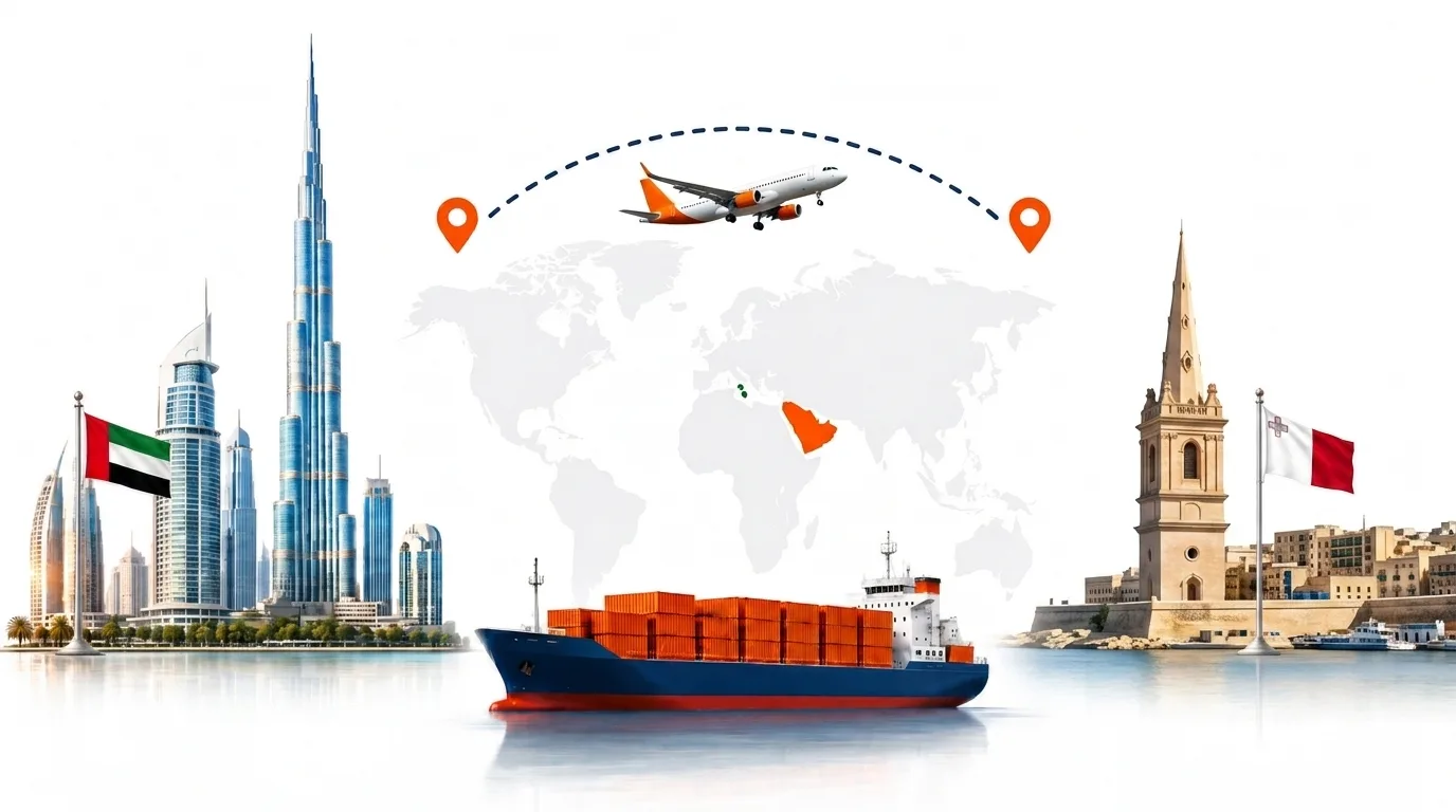 A wide pencil-style drawing of the Dubai to Malta shipping lane: on the left the Dubai skyline with the Burj Khalifa and the UAE flag, on the right the fortified Valletta waterfront and the Maltese flag, joined by a dotted route across a pale world map with a container ship below and an aircraft above
