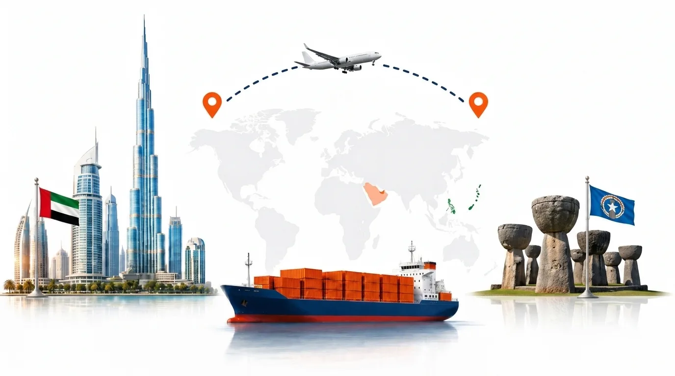 A wide pencil-style drawing of the Dubai to Northern Mariana Islands shipping lane: on the left the Dubai skyline with the Burj Khalifa and the UAE flag, on the right the coastline of Saipan with its lagoon and the Northern Mariana Islands flag, joined by a dotted route across a pale world map with a container ship below and an aircraft above