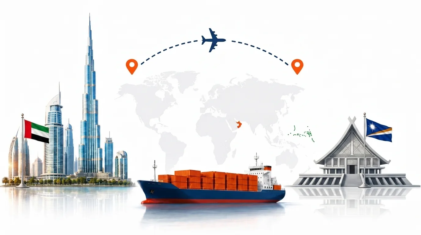 A wide pencil-style drawing of the Dubai to Marshall Islands shipping lane: on the left the Dubai skyline with the Burj Khalifa and the UAE flag, on the right a low coral atoll and lagoon at Majuro with the Marshall Islands flag, joined by a dotted route across a pale world map with a container ship below and an aircraft above
