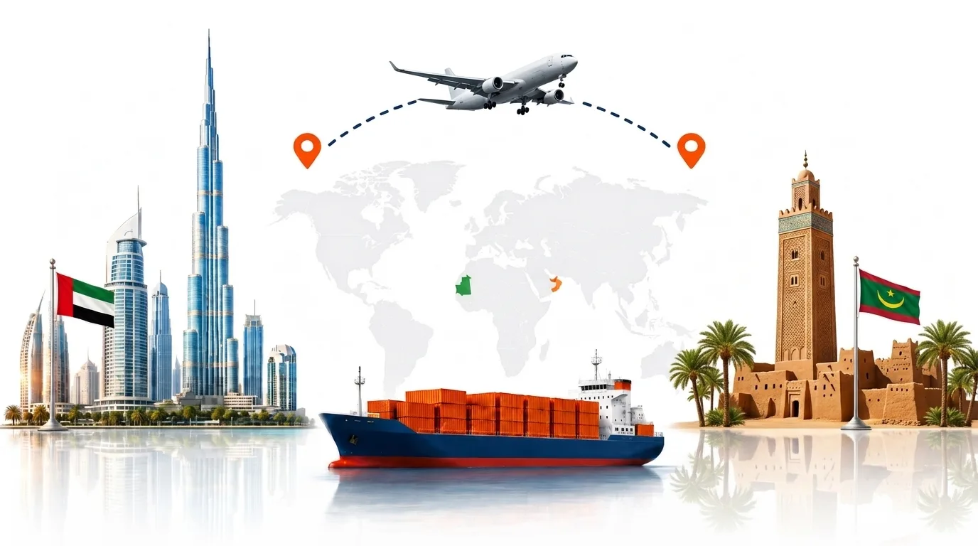 A wide pencil-style drawing of the Dubai to Mauritania shipping lane: on the left the Dubai skyline with the Burj Khalifa and the UAE flag, on the right a Mauritania landmark and the national flag, joined by a dotted route across a pale world map with a container ship below and an aircraft above