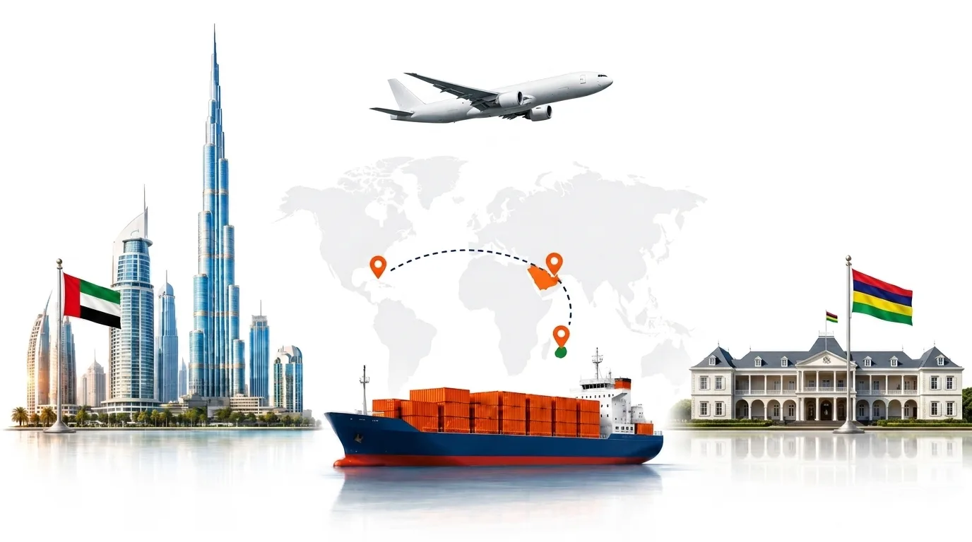 A wide pencil-style drawing of the Dubai to Mauritius shipping lane: on the left the Dubai skyline with the Burj Khalifa and the UAE flag, on the right a Mauritius landmark and the national flag, joined by a dotted route across a pale world map with a container ship below and an aircraft above