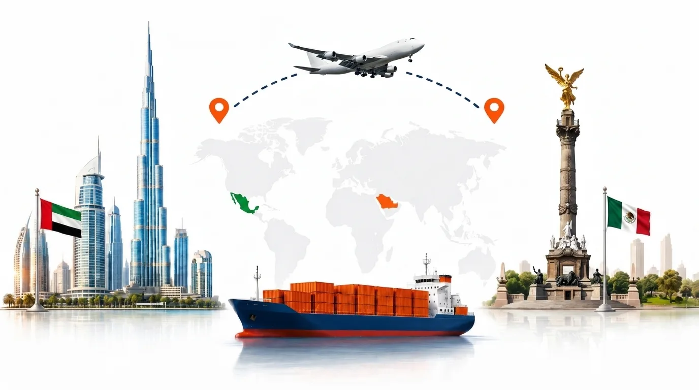 A wide pencil-style drawing of the Dubai to Mexico shipping lane: on the left the Dubai skyline with the Burj Khalifa and the UAE flag, on the right the Angel of Independence in Mexico City and the Mexican flag, joined by a dotted route across a pale world map with a container ship below and an aircraft above