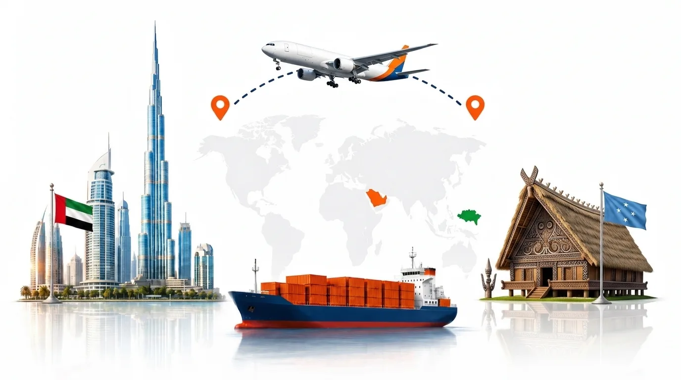 A wide pencil-style drawing of the Dubai to Micronesia shipping lane: on the left the Dubai skyline with the Burj Khalifa and the UAE flag, on the right a scatter of green volcanic islands and lagoons with the Federated States of Micronesia flag, joined by a dotted route across a pale world map with a container ship below and an aircraft above