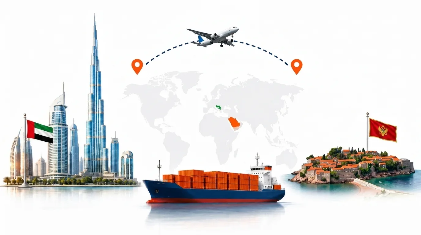 A wide pencil-style drawing of the Dubai to Montenegro shipping lane: on the left the Dubai skyline with the Burj Khalifa and the UAE flag, on the right the Bay of Kotor with its mountains and the Montenegrin flag, joined by a dotted route across a pale world map with a container ship below and an aircraft above